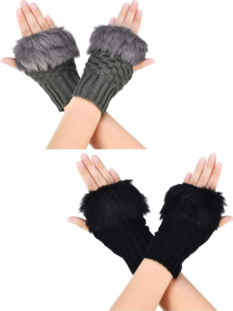 [Australia] - Boao 2 Pairs Fingerless Winter Gloves Short Touchscreen Gloves Thumb Hole Mittens Knitted Warm Gloves with Faux Fur for Christmas Valentine's Day Giving Black and Dark Gray 