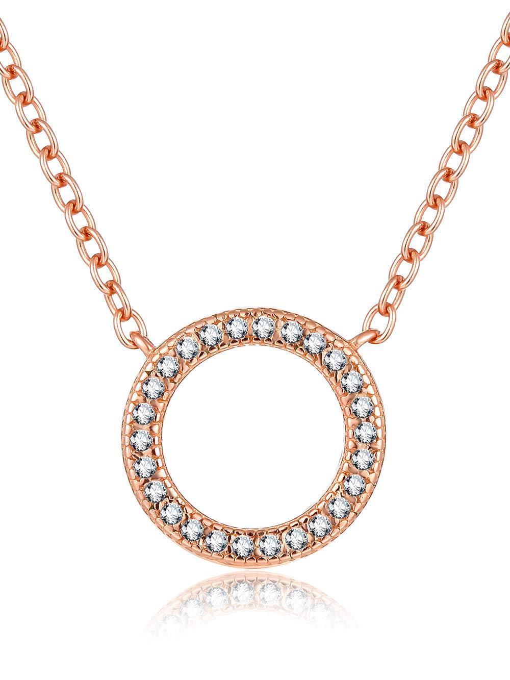 [Australia] - Presentski Rose Gold Plated Necklace, Sterling Silver Necklace with Open Pave Circle Pendant Cubic Zirconia for Girls 