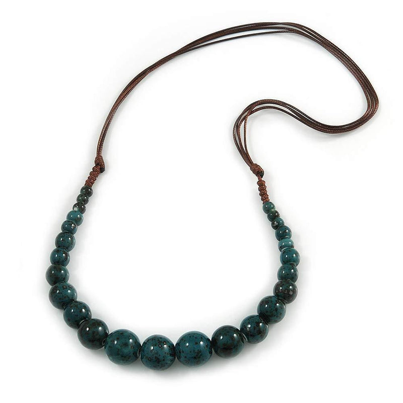 [Australia] - Avalaya Teal Ceramic Bead Brown Silk Cords Necklace - Adjustable - 60cm to 70cm Long 