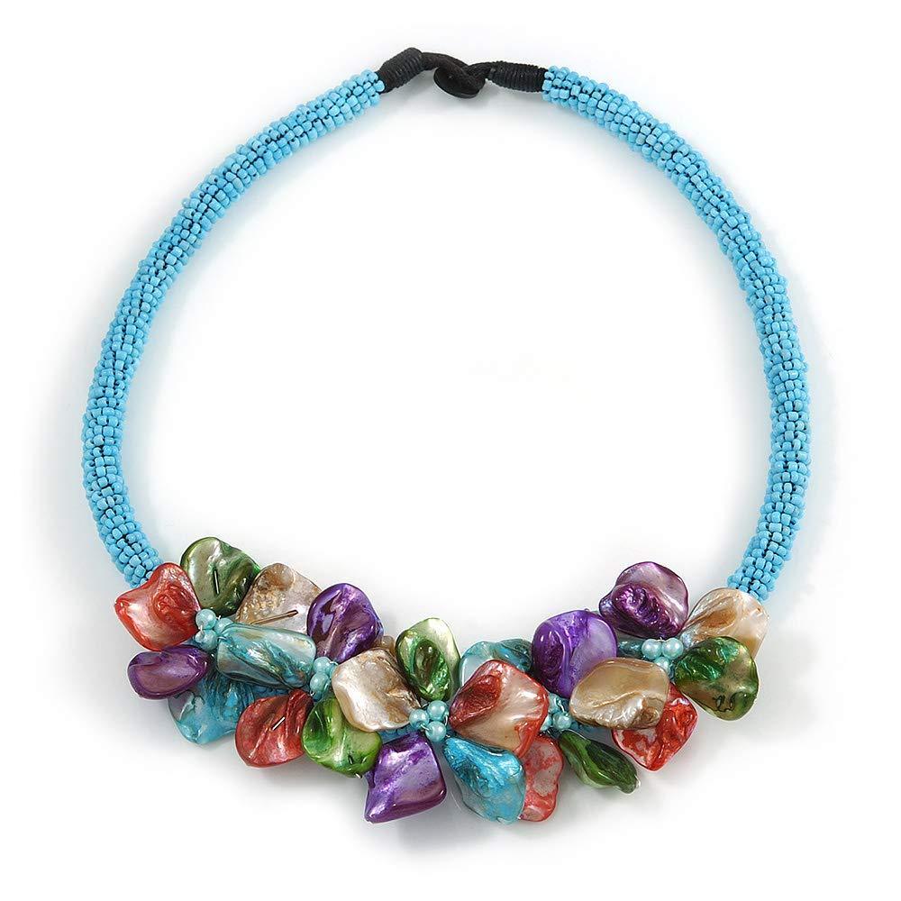 [Australia] - Avalaya Stunning Light Blue Glass Bead with Multicoloured Shell Floral Motif Necklace - 48cm Long 