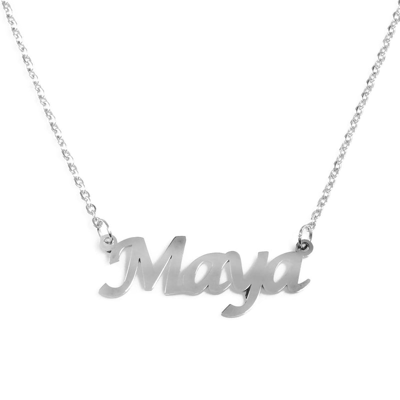 [Australia] - Kigu Name Necklace Maya, Silver Tone Personalised Name Necklace, Custom Name Necklace, Name Pendant Maya, Personalised Jewellery for Women, Adjustable Chain 16" - 19" - Incl Gift Bag & Box 