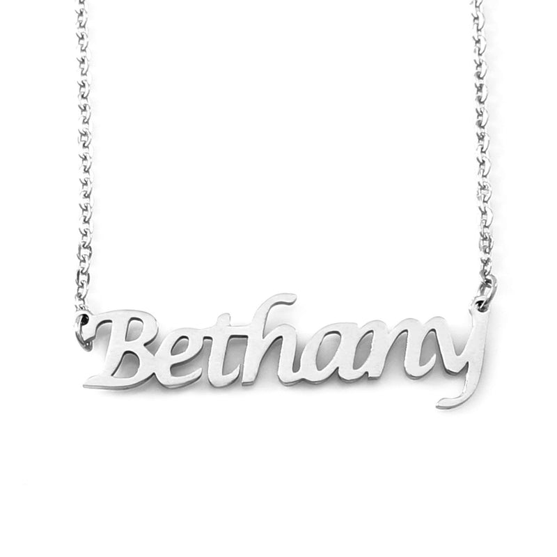 [Australia] - Kigu Bethany Personalised Name - Silver Tone Necklace - Adjustable Chain 16" - 19" - Incl Gift Packaging 