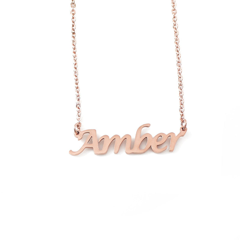[Australia] - Kigu Amber Personalised Name Necklace - 18ct Rose Gold Plated Necklace - Custom Jewellery - Adjustable Chain 16" - 19" - Incl Box & Bag 