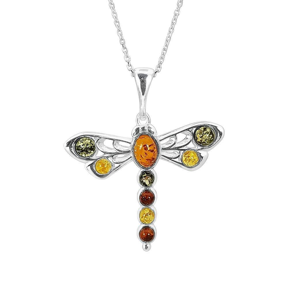 [Australia] - Kiara Jewellery 925 Sterling Silver Large Dragonfly Pendant Necklace Inlaid With Mixed Baltic Amber on 18" Sterling Silver Trace Or Curb Chain. 