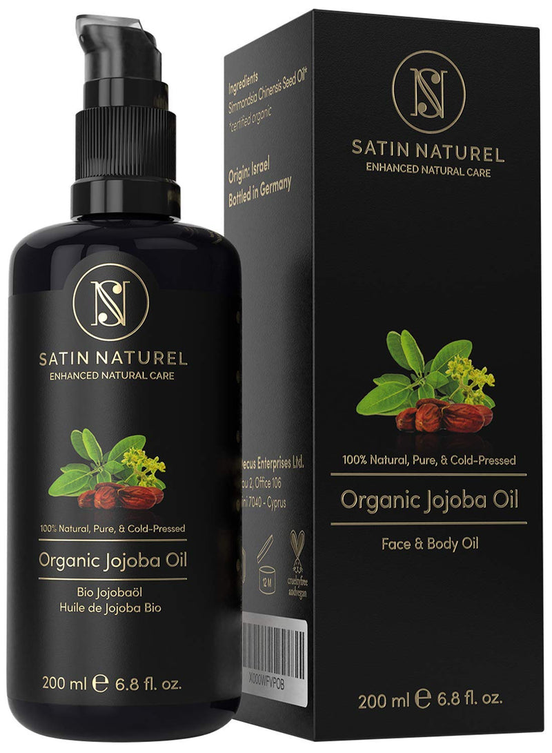 [Australia] - ORGANIC Jojoba Oil Vegan, Cold-Pressed + 100% Pure - 200ml Light-Protection Glass Bottle - Skin Care rich in Vitamin E for Soft Skin & Hair & Healthy Nails - Natural Cosmetics by Satin Naturel 200 ml (Pack of 1) 