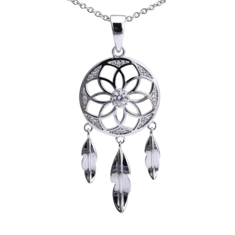 [Australia] - Solid 925 Sterling Silver Dream Catcher Pendant & Chain Set with White Cubic Zirconia 45.0 Centimetres 