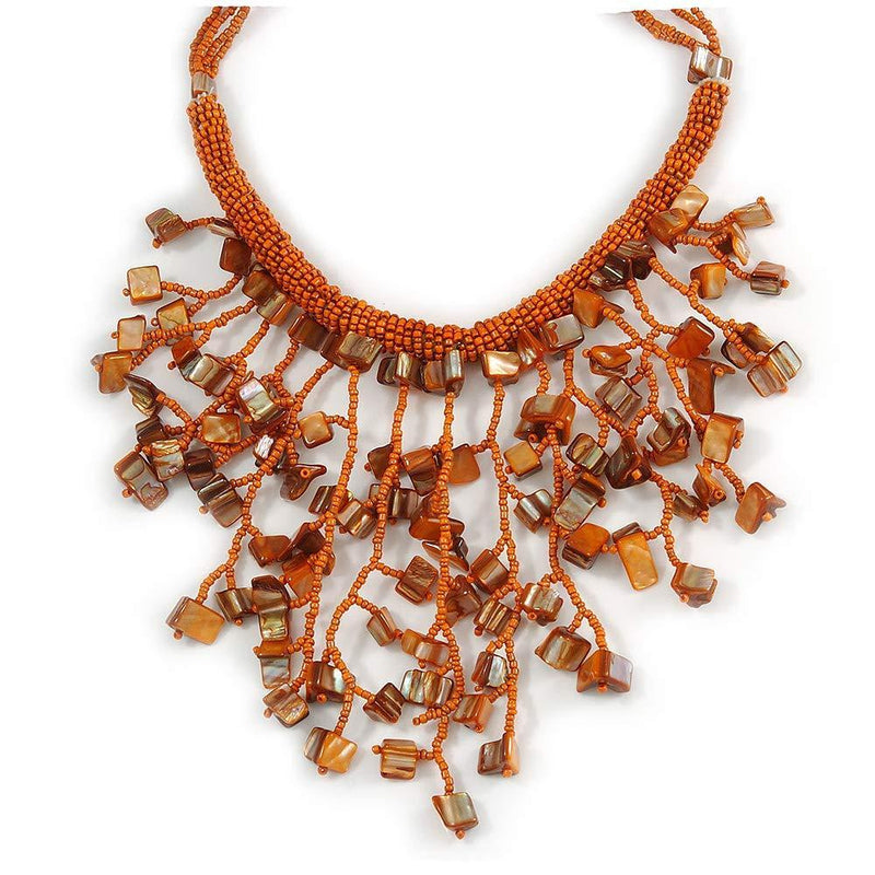 [Australia] - Avalaya Burnt Orange Shell Nugget, Glass Bead Fringe Necklace - 42cm L/ 13cm Front Drop 
