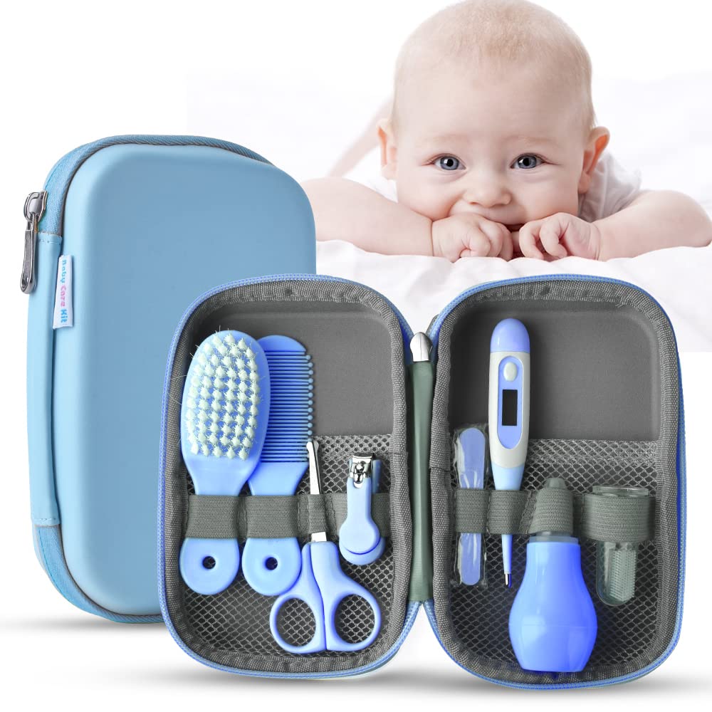 [Australia] - Baby Grooming Kit - Essentials Newborn Care Items for Travel & Home Use-with Manicure Set, Thermometer - Baby Essentials for Newborn, Infant, Toddler Girls & Boys | 8 Pcs Baby Healthcare Kit (Blue) blue 