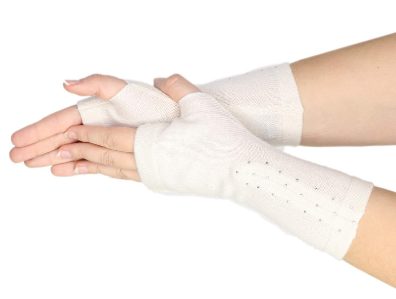 [Australia] - Prettystern Rhinestone CASHMERE Fingerless Half-Finger Gloves length 8.7" Off-white 
