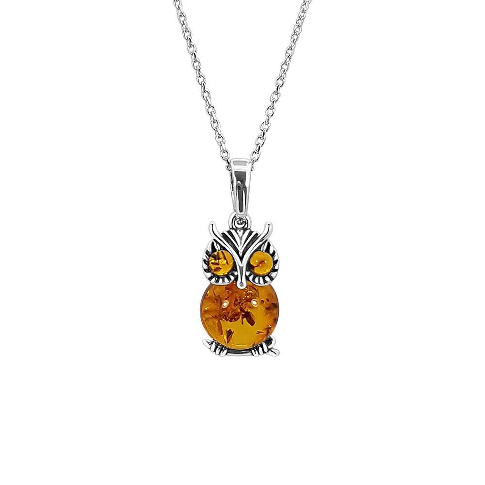 [Australia] - Kiara Jewellery 925 Sterling Silver Small Owl Pendant Necklace Inlaid With Brown Baltic Amber on 18" Sterling Silver Trace Or Curb Chain. 