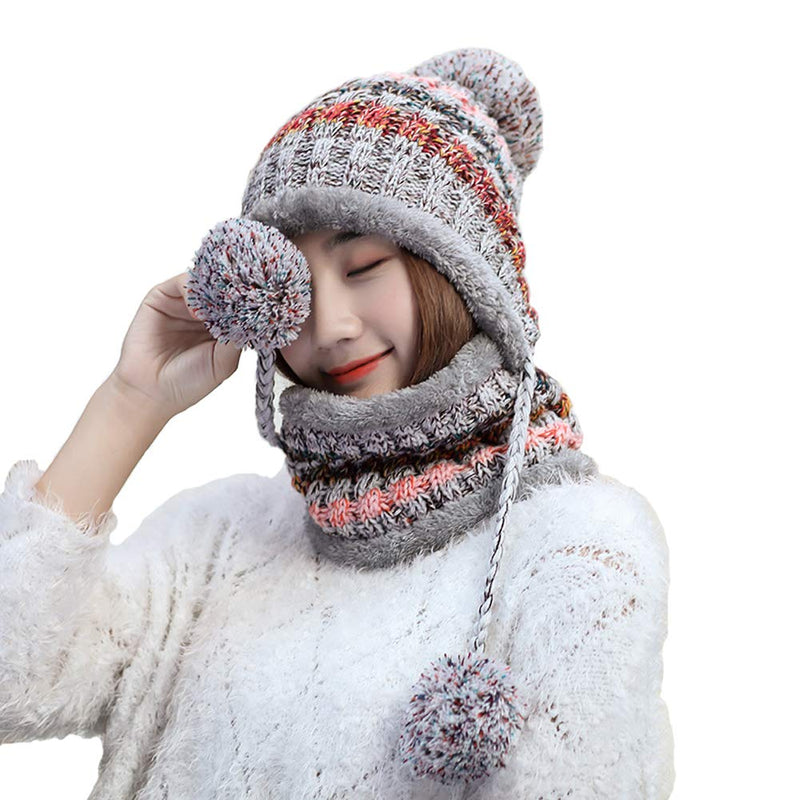 [Australia] - Bobble Hat and Loop Scarf Set for Women Girls Warm Knitted Pom Hat Interior Thick Fluff Winter Warm Ladies Bobble Hat Loop Scarf Set Grey 