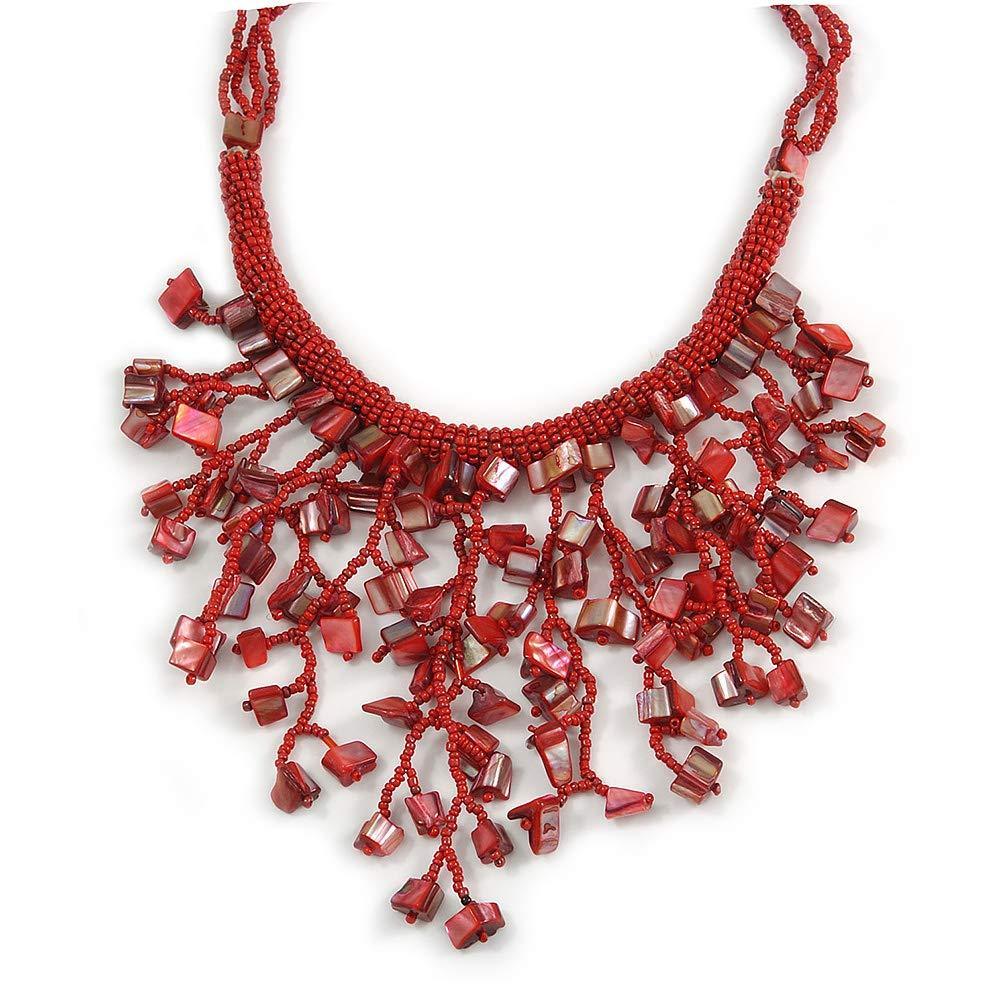 [Australia] - Avalaya Red Shell Nugget, Glass Bead Fringe Necklace - 42cm L/ 11cm Front Drop 