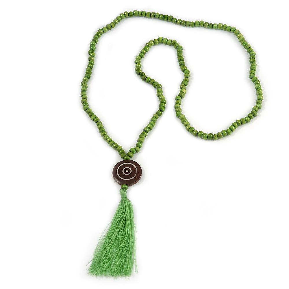 [Australia] - Avalaya Long Spring Green Wood Bead Cotton Tassel Necklace - 90cm L/ 15cm Tassel 