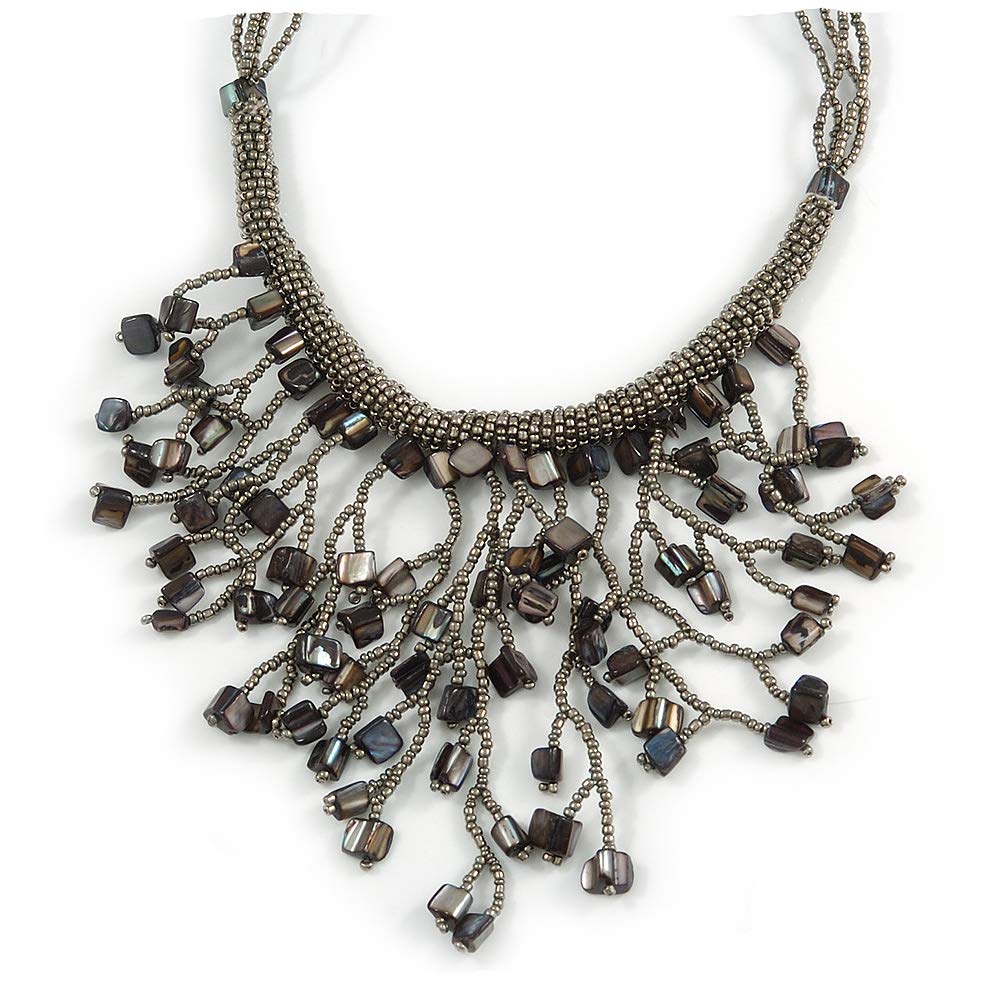 [Australia] - Avalaya Silver Grey Shell Nugget, Glass Bead Fringe Necklace - 42cm L/ 11cm Front Drop 