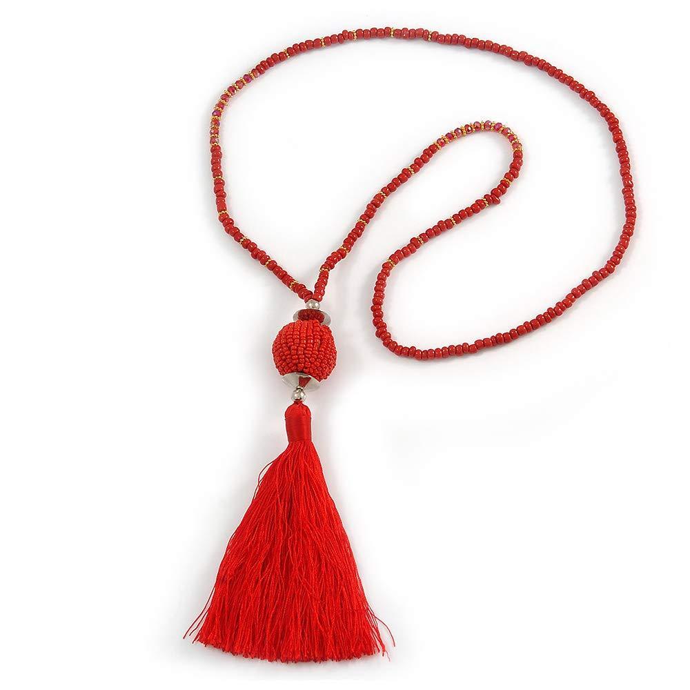 [Australia] - Avalaya Red Glass Bead Cotton Tassel Necklace - 72cm L/ 14cm Tassel 