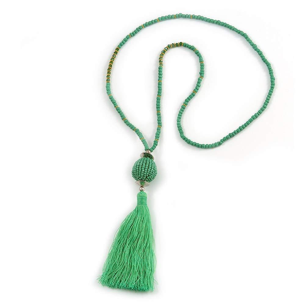 [Australia] - Avalaya Spring Green Glass Bead Cotton Tassel Necklace - 72cm L/ 14cm Tassel 