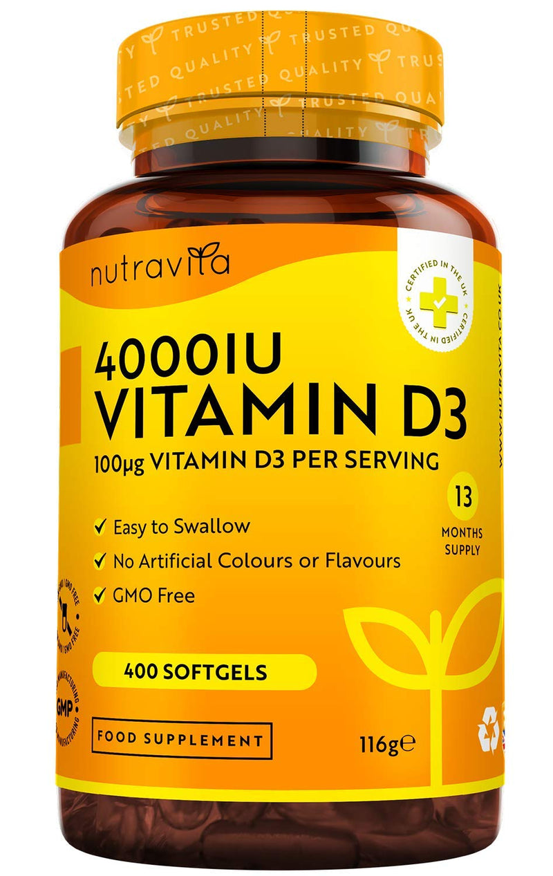[Australia] - Vitamin D 4000 iu - 400 High Strength Easy to Swallow Premium Softgels - Over A Year's Supply (One a Day) - Maximum Strength Vitamin D3 Cholecalciferol Supplement - Manufactured in The UK by Nutravita 