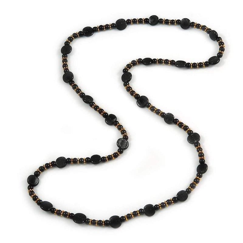 [Australia] - Avalaya Stylish Black Ceramic, Glass Bead with Gold Tone Metal Rings Long Necklace - 90cm L 