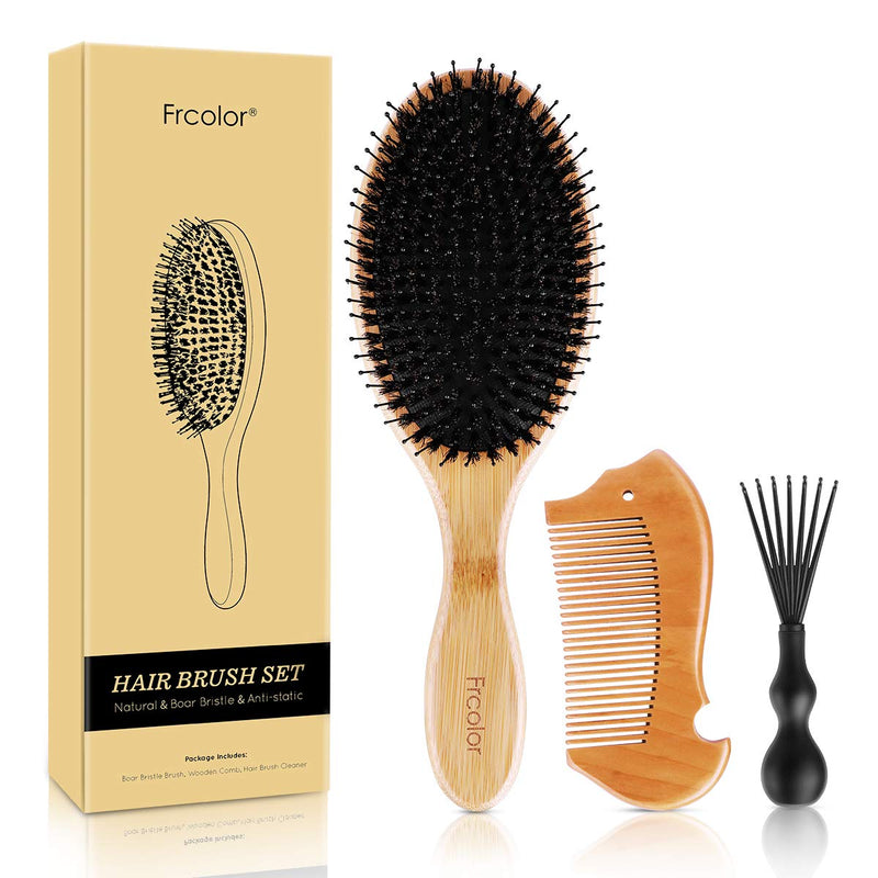 [Australia] - Frcolor Natural Boar Bristle Hair Brush Set for Men and Women Bamboo Paddle Hair Brush Suitable for All Hair Types and Length, Included Wood As Shown 
