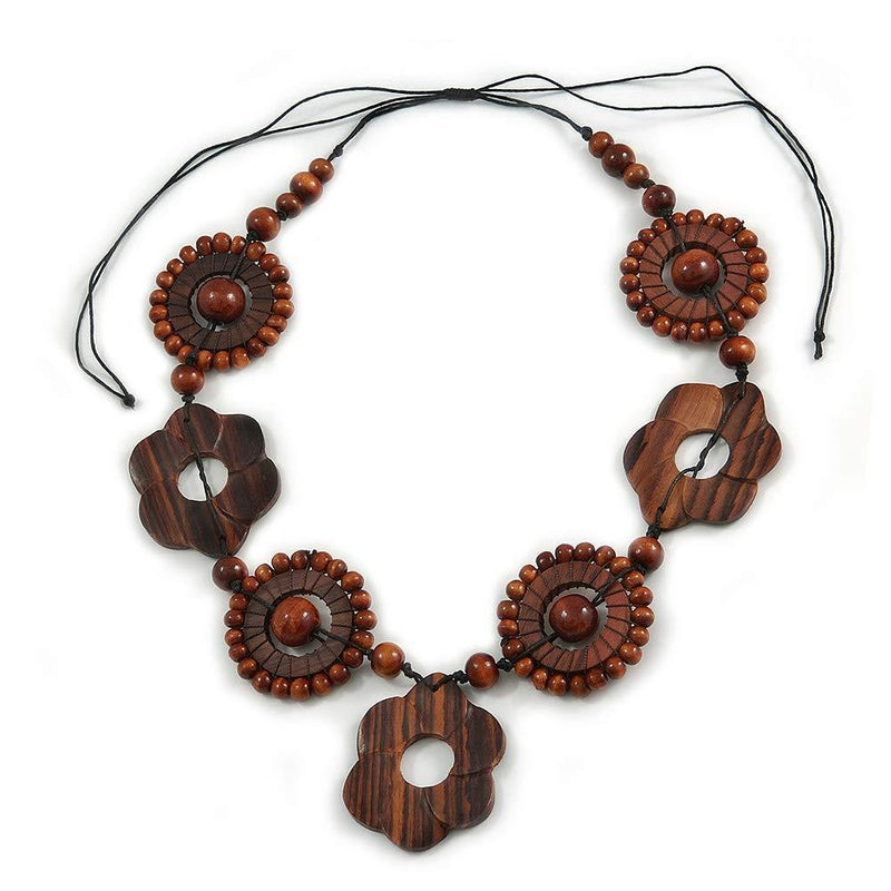 [Australia] - Avalaya Brown Wood Floral Motif Black Cord Necklace - 60cm L/Adjustable 
