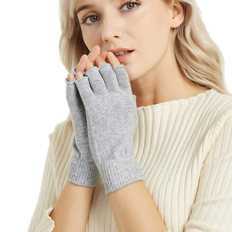 [Australia] - Novawo Cashmere Blend Fingerless Gloves Warm Arm Warmers Light Gray 