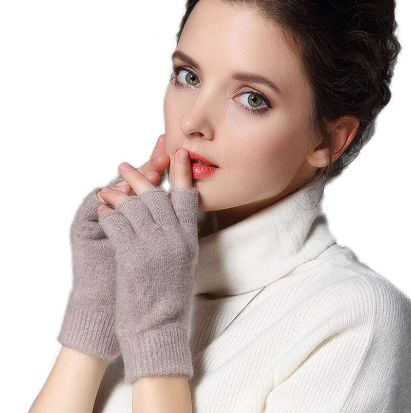 [Australia] - Novawo Cashmere Blend Fingerless Gloves Warm Arm Warmers Beige 