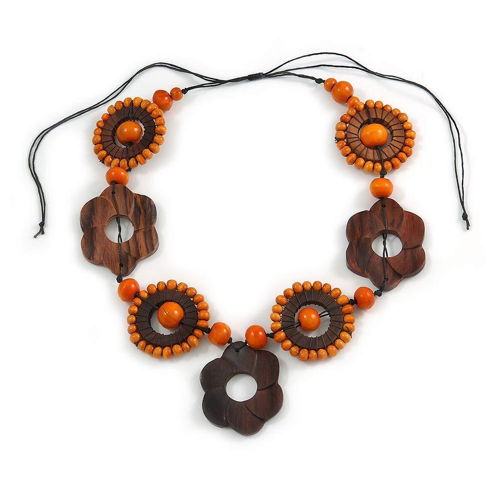 [Australia] - Avalaya Brown/Orange Wood Floral Motif Black Cord Necklace - 60cm L/Adjustable 