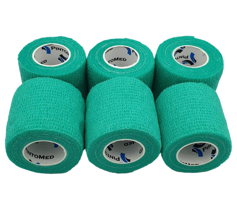 [Australia] - PintoMed - Green Cohesive Bandage Stretched 6 Rolls x 5cm x 4.5m Self-Adhesive Flexible Bandages, Professional Quality, First Aid Sports Wrap Bandages - Pack of 6 