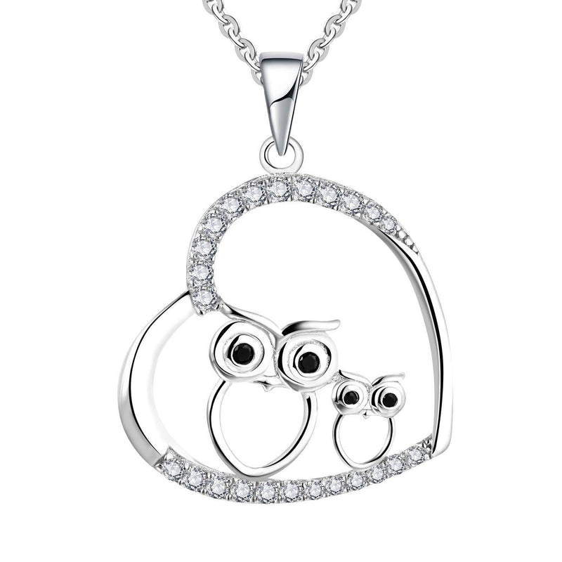 [Australia] - JO WISDOM Women Owls Necklace,925 Sterling Silver Cubic Zirconia Mother and Child Daughter/Son Love Each Other from Heart Pendant Necklace for Girls and Women Mum Owls Necklace 2 