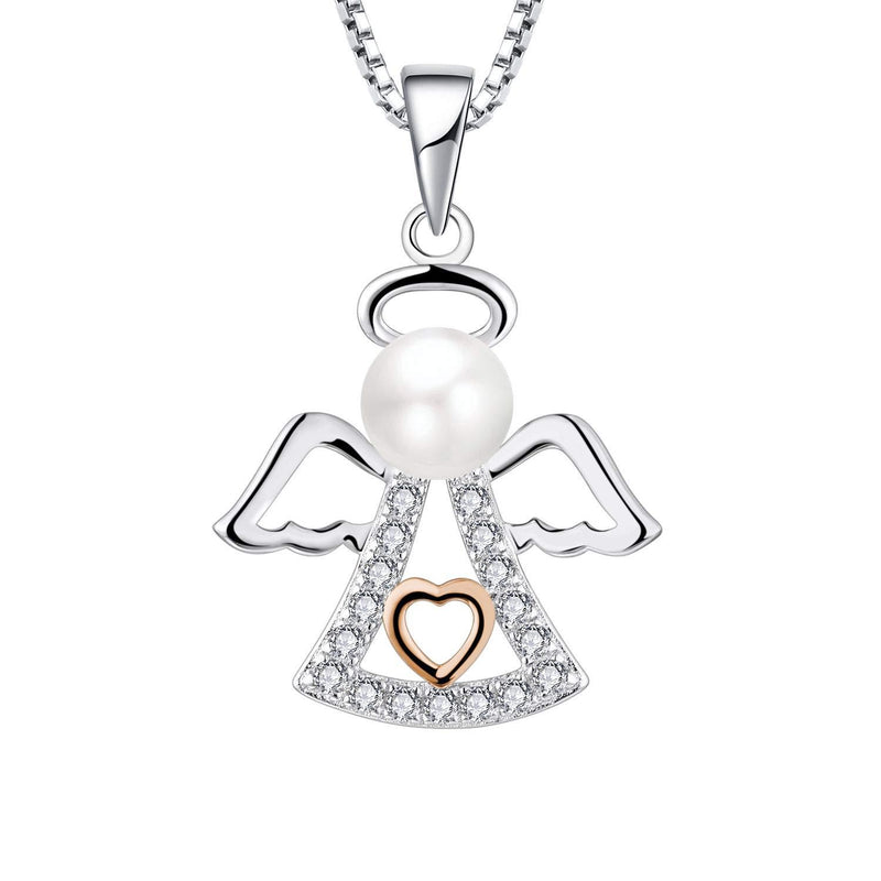 [Australia] - FJ 925 Sterling Silver 6MM Pearl Guardian Angel Pendant necklace With Rose Gold Heart In 18 Inch Gift For Girls 