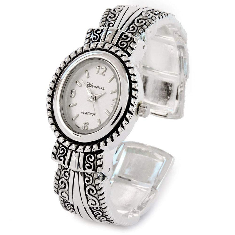 [Australia] - Silver Metal Western Style Decorated Oval Face Women's Bangle Cuff Watch 