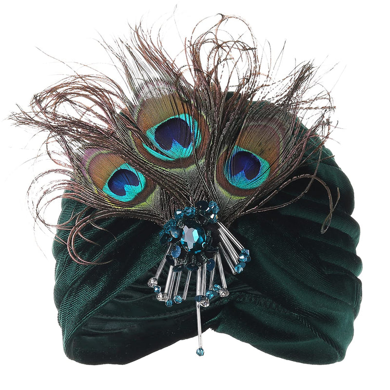 [Australia] - BABEYOND Ruffle Turban Hat for Women Feather Turban Hat with Detachable Crystal Brooch Headwraps Knit Pleated Turban Hat Vintage Darkgreen 