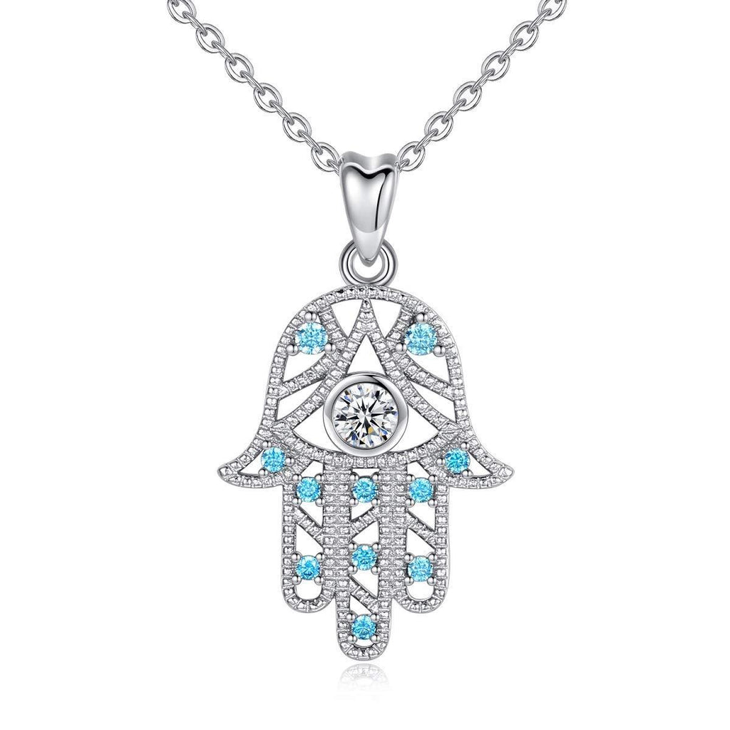 [Australia] - CELESTIA Hamsa Hand Necklace 925 Sterling Silver Hand of Fatima Pendant with Chain, Lucky Jewellery Gifts for Girls Women Blue 