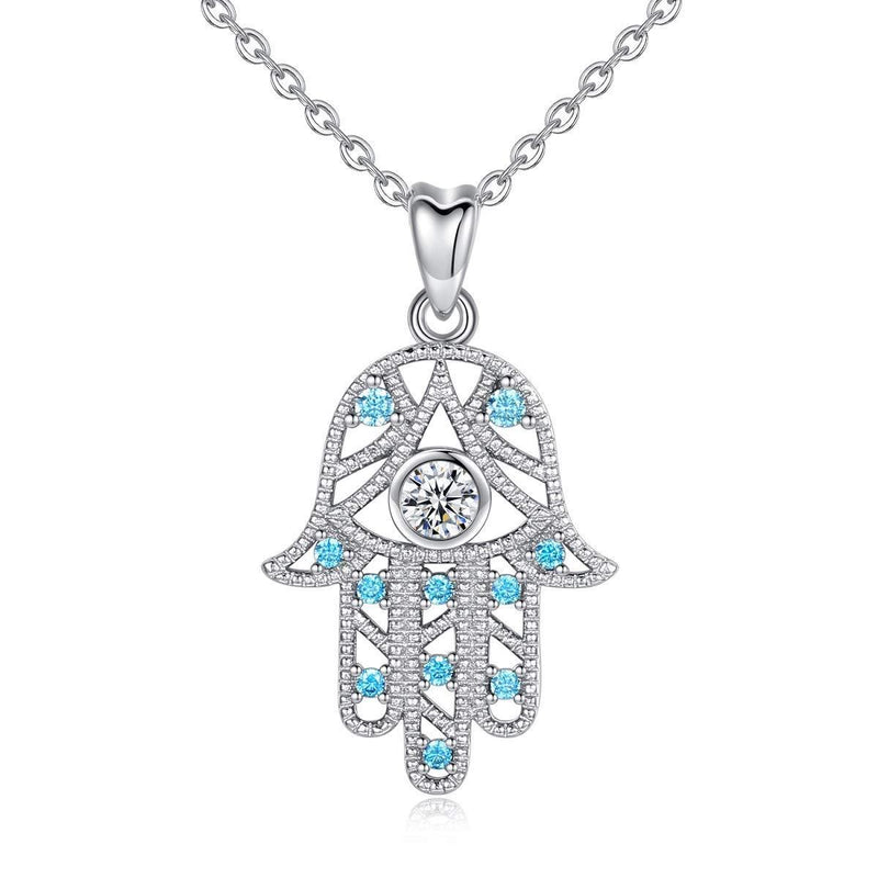 [Australia] - CELESTIA Hamsa Hand Necklace 925 Sterling Silver Hand of Fatima Pendant with Chain, Lucky Jewellery Gifts for Girls Women Blue 