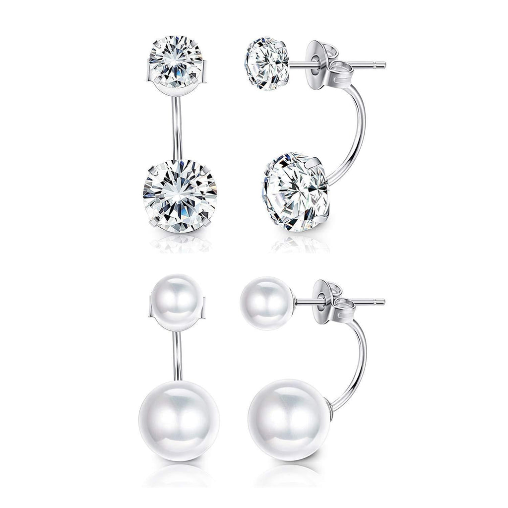 [Australia] - Sllaiss 2 Pairs Sterling Silver Double Ball Ear Jacket Earrings Set Cubic Zirconia Round Pearl Jewelry Gift for Women 