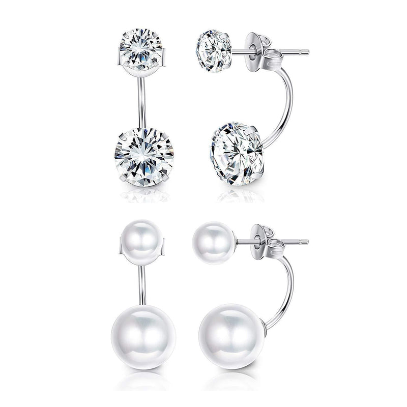[Australia] - Sllaiss 2 Pairs Sterling Silver Double Ball Ear Jacket Earrings Set Cubic Zirconia Round Pearl Jewelry Gift for Women 