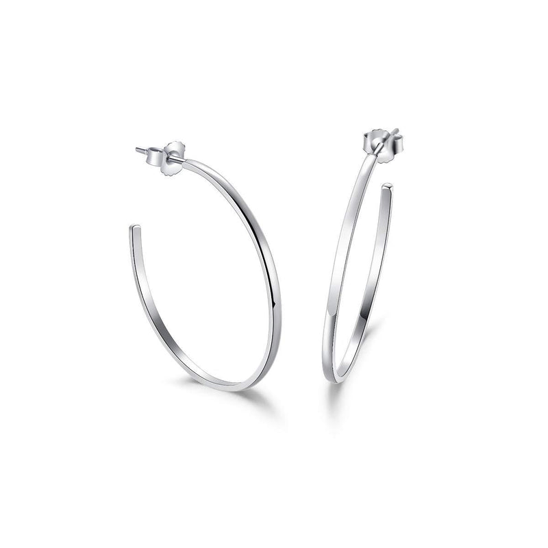 [Australia] - White Gold Plated 925 Sterling Silver High-Polished/Hammered Piercing Open Half Hoop Earrings Large Creole Stud Earrings for Women - Diameter 36 mm Flat Edge 