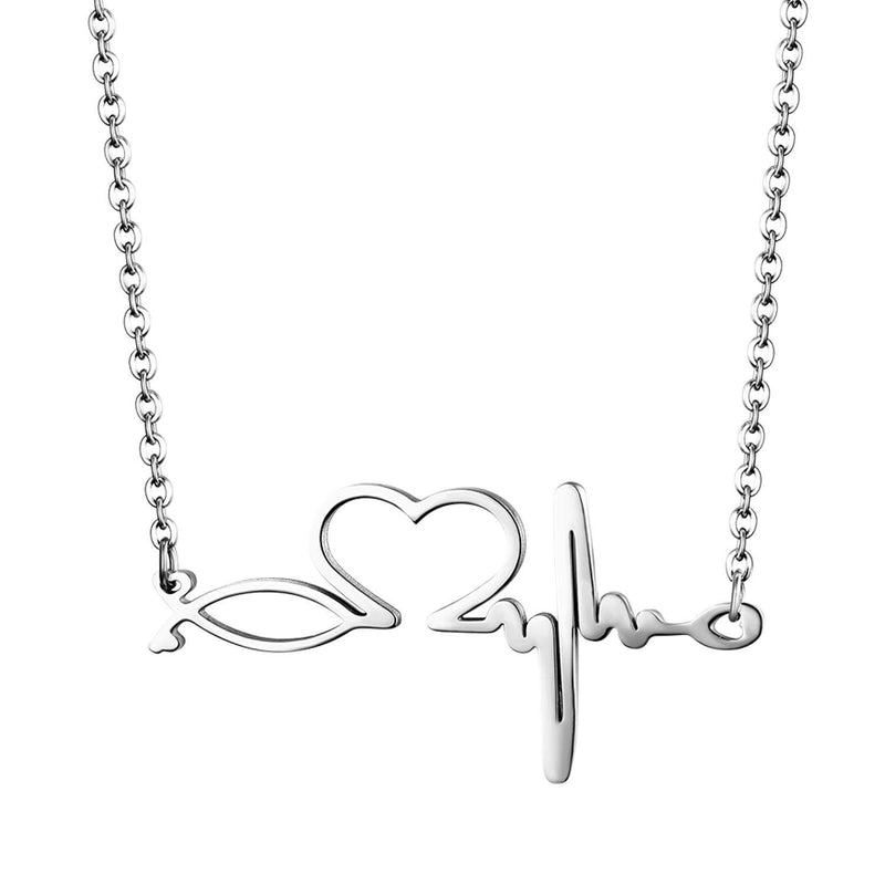 [Australia] - Cupimatch Heartbeat Love EKG Cardiogram Pendant Necklace for Women, Doctor Stethoscope Medical Stainless Steel Charm Link Necklace,20 inch Silver 