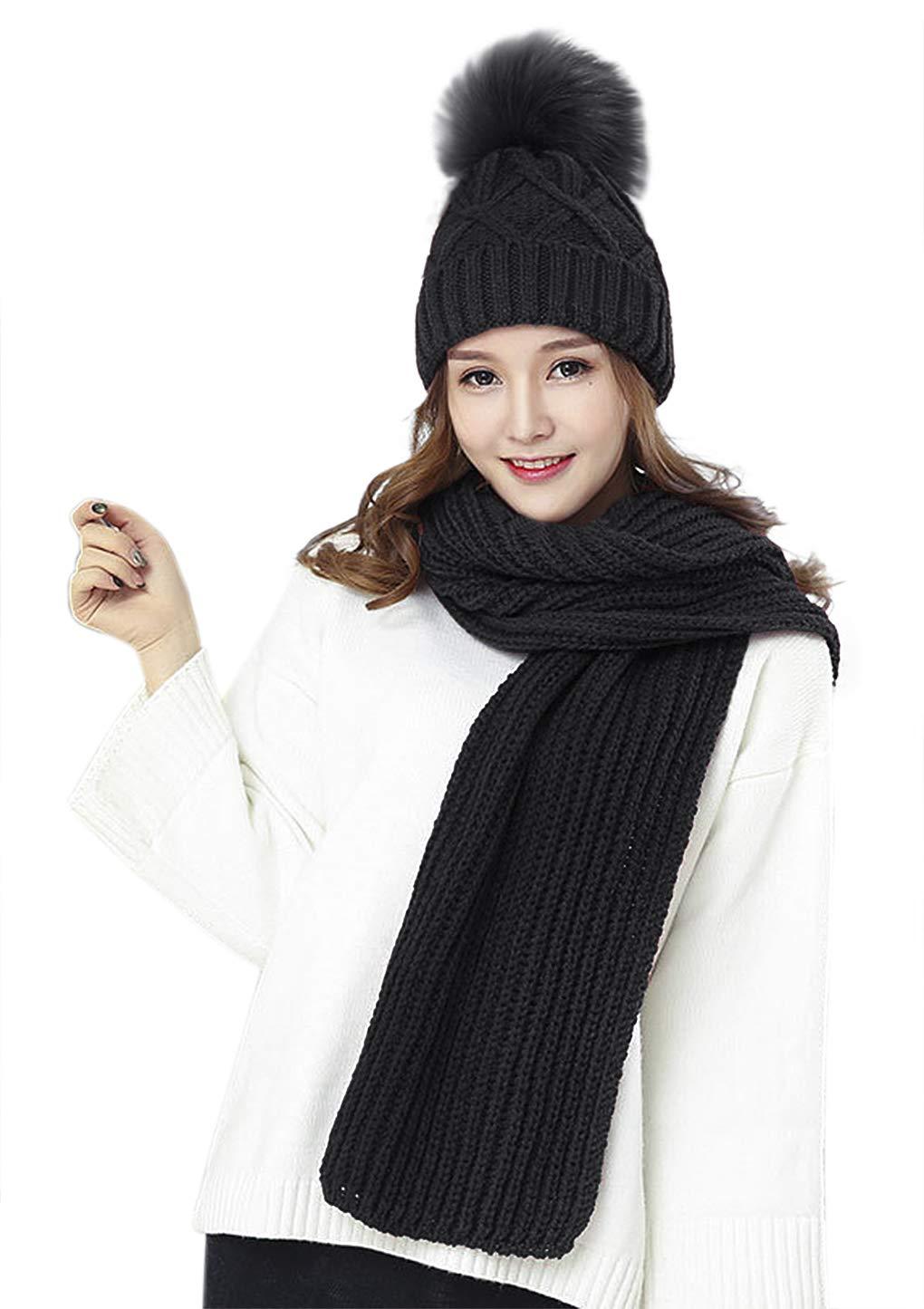 [Australia] - Women's Thermal Fleece Lined Cable Knit Hat with Neckchief 2 in 1 Hoodie Hat with Scarf Winter Warm Earflap Knitted Wool Cap Outdoor Cycling Camping Skiing Sknowboarding Xmas Birthday Gifts black-B 