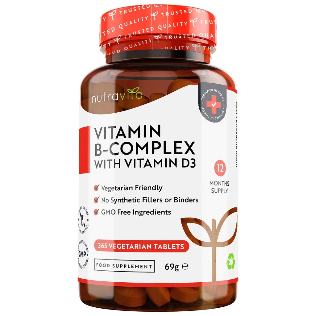 [Australia] - Vitamin B Complex High Potency - 1 Full Year Supply - 8 Vitamins B1-B2-B3-B5-B6-B12, Biotin, Folic Acid & VIT D3 in 1 High Strength Micro Tablet - Reduction of Tiredness - Made in The UK by Nutravita 