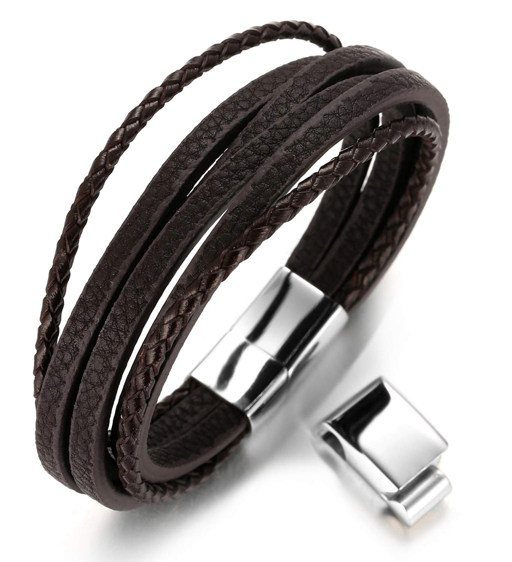 [Australia] - HALUKAKAH Plus ● Highway Blues ● Men's Genuine Brown Leather Multilayer Bracelet Titanium Silver Magnetic Clasp Size Adjustable 8.5"-9"(22-23cm) with Free Giftbox 