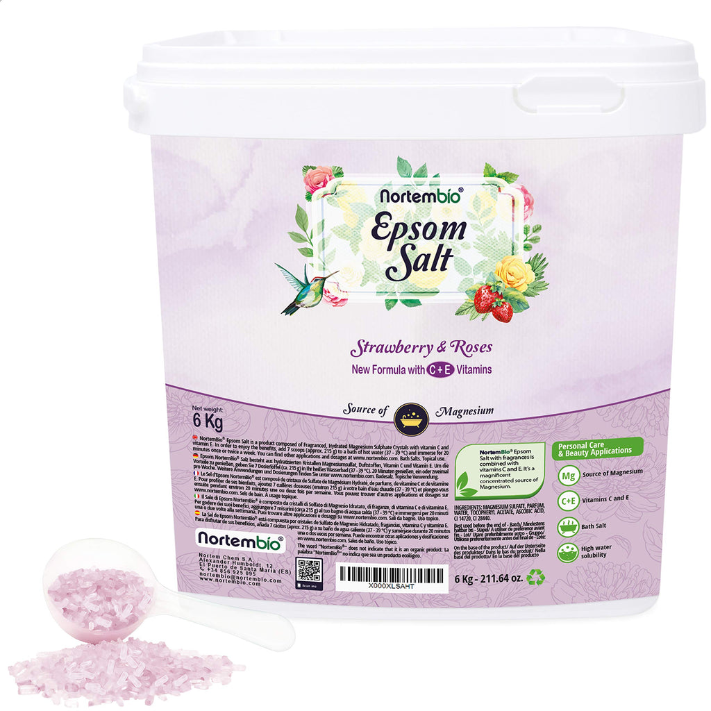 [Australia] - Nortembio Epsom Salt 6 Kg. New Strawberry and Rose Fragrance. Epsom Salts Hydrated with Vitamin C and E. Bath Salts and Personal Care. EBook Included. 6 kg (Pack of 1) 
