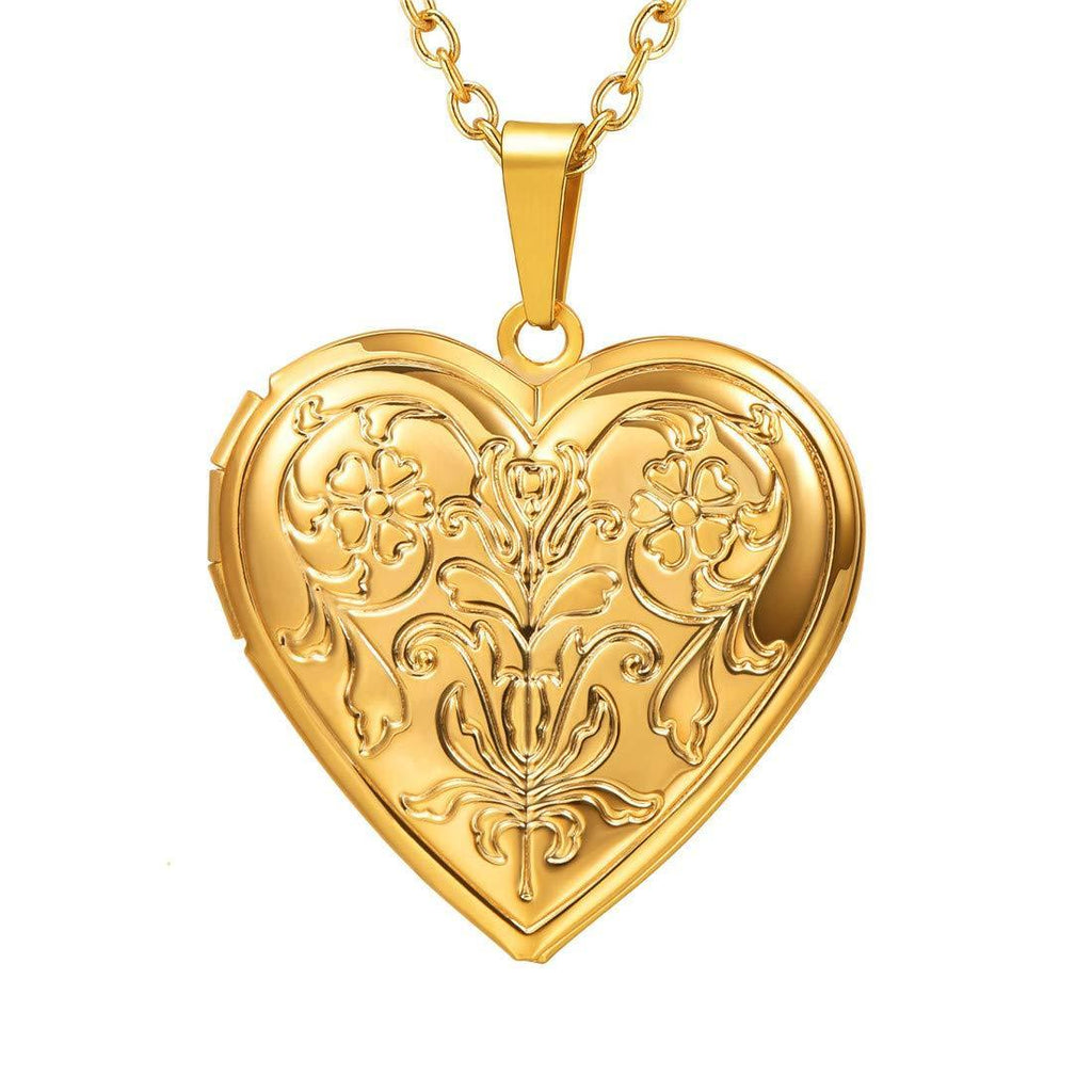 [Australia] - U7 Personalised Photo Locket Heart Necklace, Customised Picture Inside, Engraved Text, Womens Girls Dainty Jewellery, Gifts for Her, 20-22 Inch Adjustable, Come Gift Box 02. Flower Pattern- Gold (Hot Sell) No Personalized 