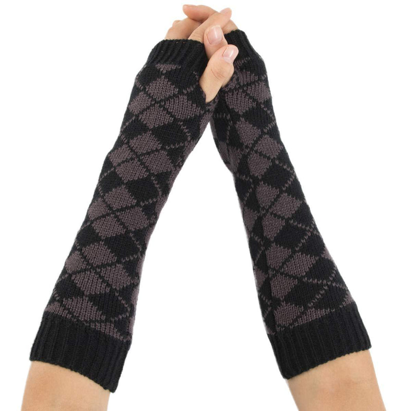 [Australia] - Amorar Winter Knit Fingerless Gloves Multicolor Diamond Shape Long Arm Warmer Winter Crochet Gloves with Thumb Hole Grey 