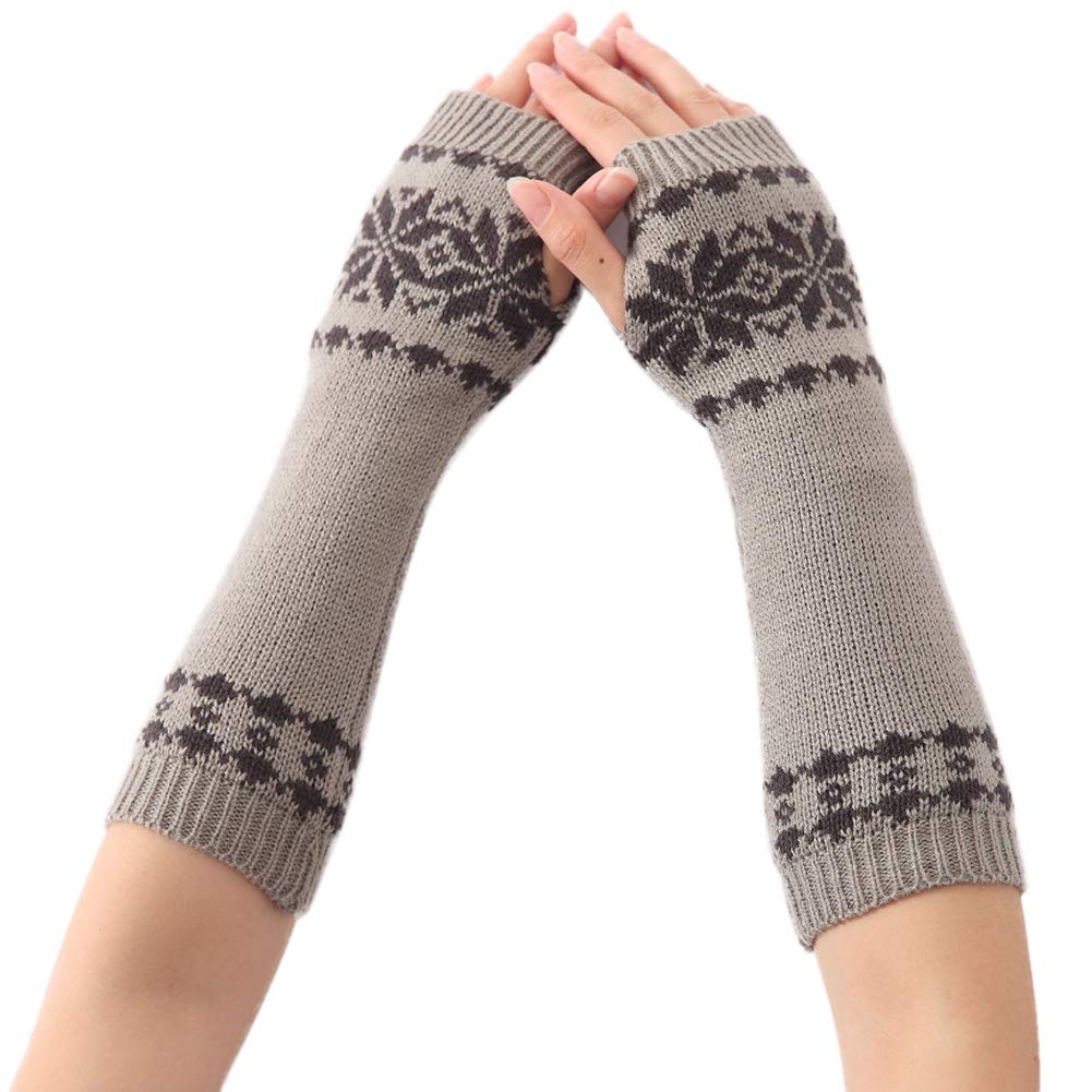 [Australia] - Amorar Winter Knit Fingerless Gloves with Thumb Hole Crochet Snowflake Pattern Long Arm Warmers Gloves Light Gray 