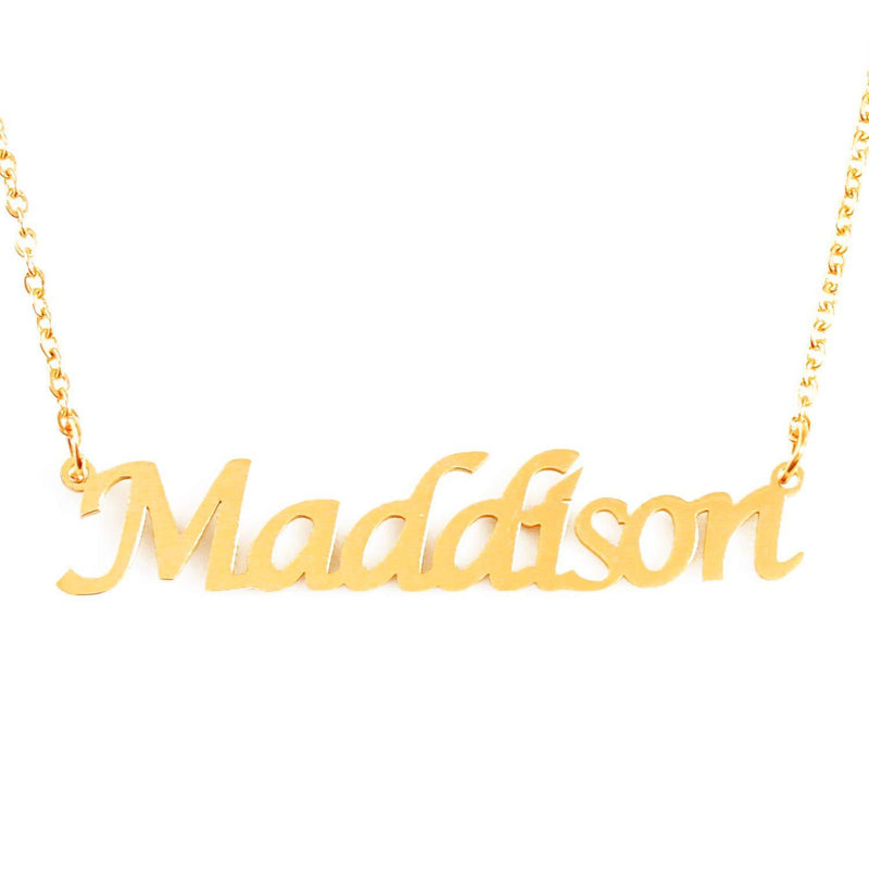 [Australia] - Kigu Maddison Name Necklace Personalised 18ct Gold Plated, Custom Dainty Name Pendants, Jewellery for Ladies, Girlfriend, Mother, Sister, Friends Inc Bag & Box 