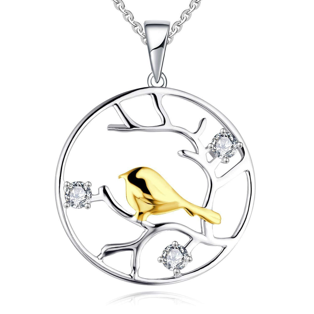 [Australia] - JO WISDOM Tree of Life Necklace,925 Sterling Silver Bird on Branch Family Birthstone Pendant Necklace with 5A Cubic Zirconia 2-tone Plated,white Gold and Yellow Gold Plated 