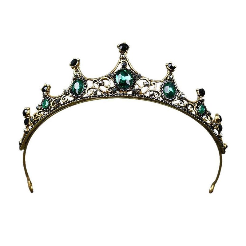 [Australia] - Lurrose Green Crystal Crown Golden Tiara with Black Rhinestone Decor Bridal Head Jewelry 