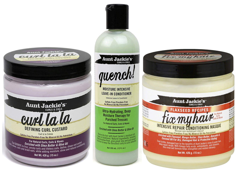 [Australia] - Aunt Jackies Curls & Coils TRIO BUNDLE |Curl La La Defining Curl Custard 426 g | Quench Moisture Intensive Leave In Conditioner 355 ml | Intensive Repair Conditioning Masque 426g 