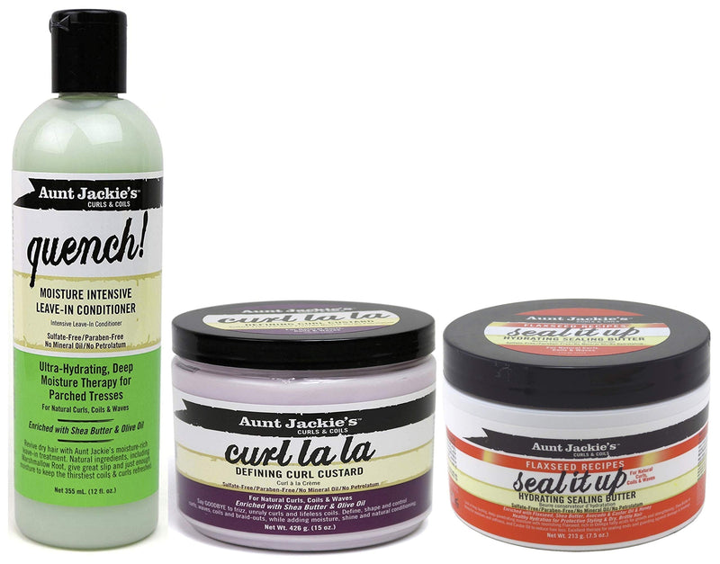 [Australia] - Aunt Jackies Curls & Coils TRIO BUNDLE | Quench Moisture Intensive Leave In Conditioner 355 ml | Curl La La Defining Curl Custard 426g | Seal It Up Hydrating Sealing Butter 213g 